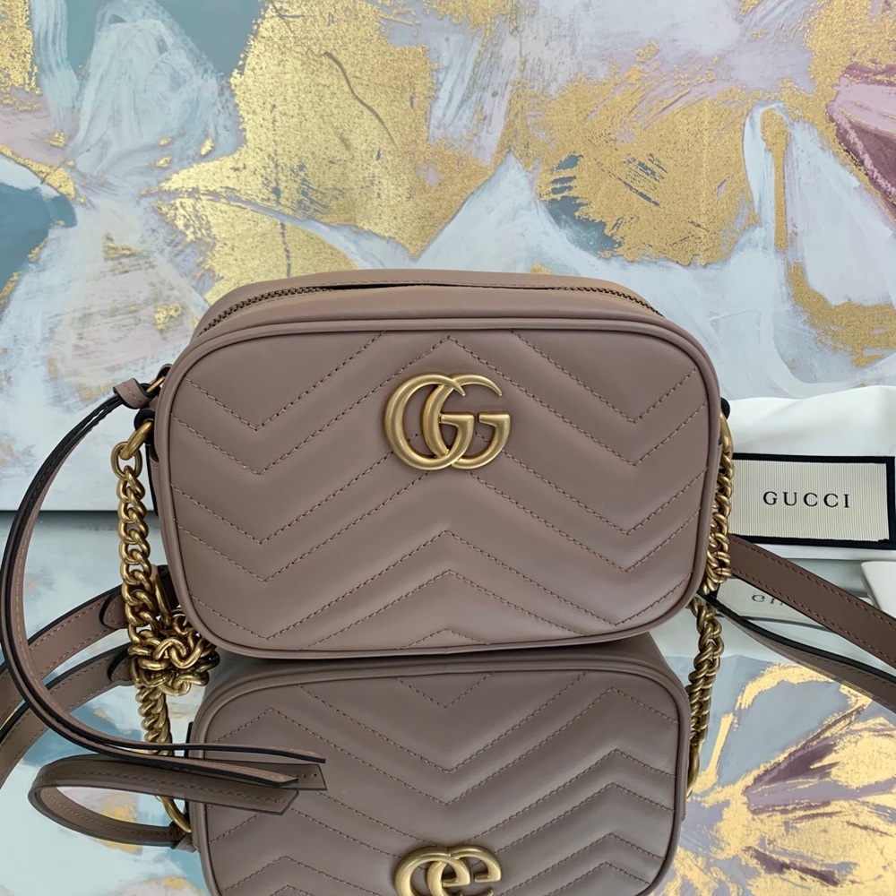 Gucci Blush Taupe Chevron Quilted Leather GG Crossbody Bag